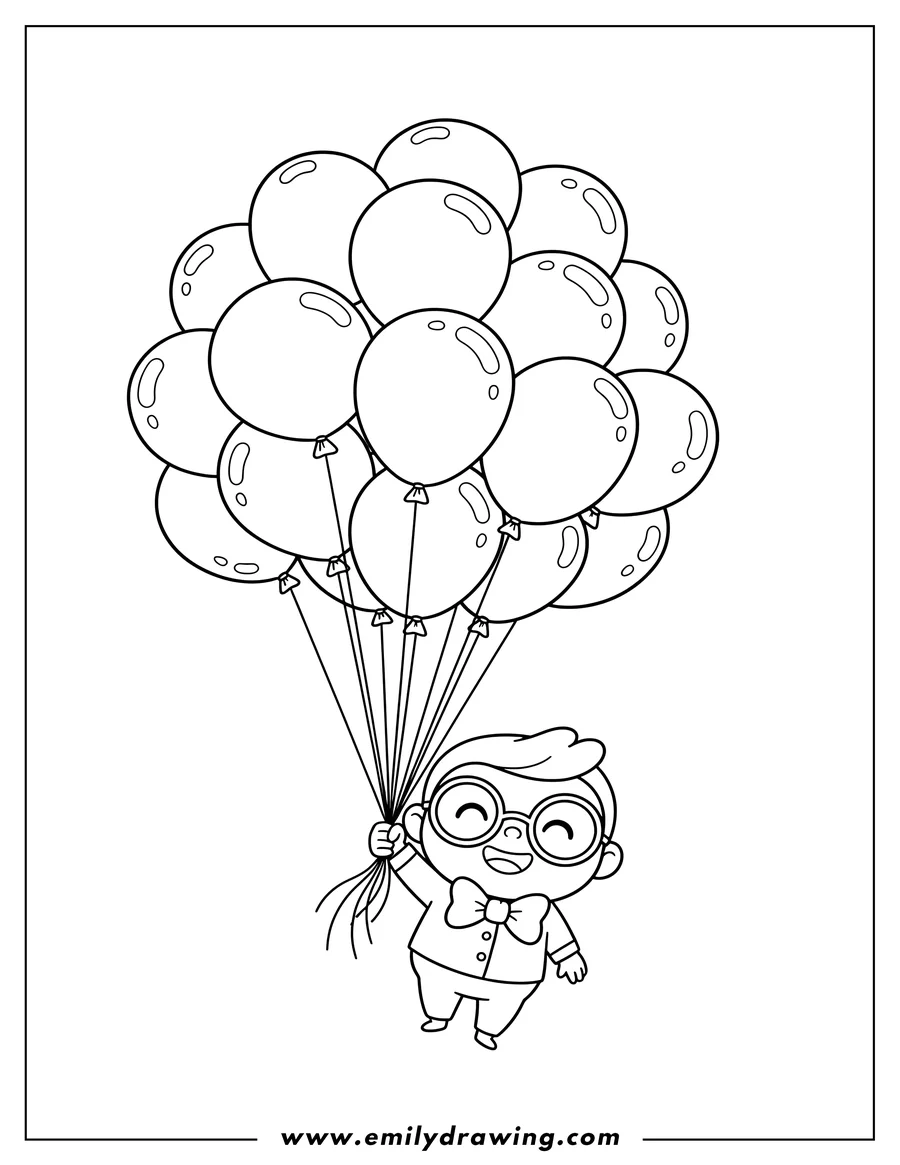 Line art of a cartoon boy in a suit and bow tie, wearing glasses, holding a large bunch of balloons that are lifting him into the air.