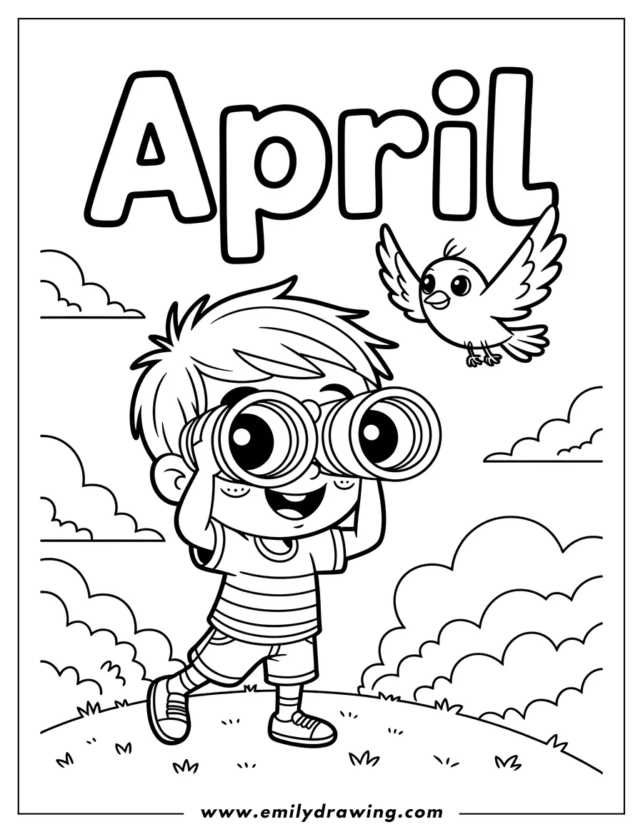 Line art of a boy with binoculars watching a bird flying in the sky above some bushes.