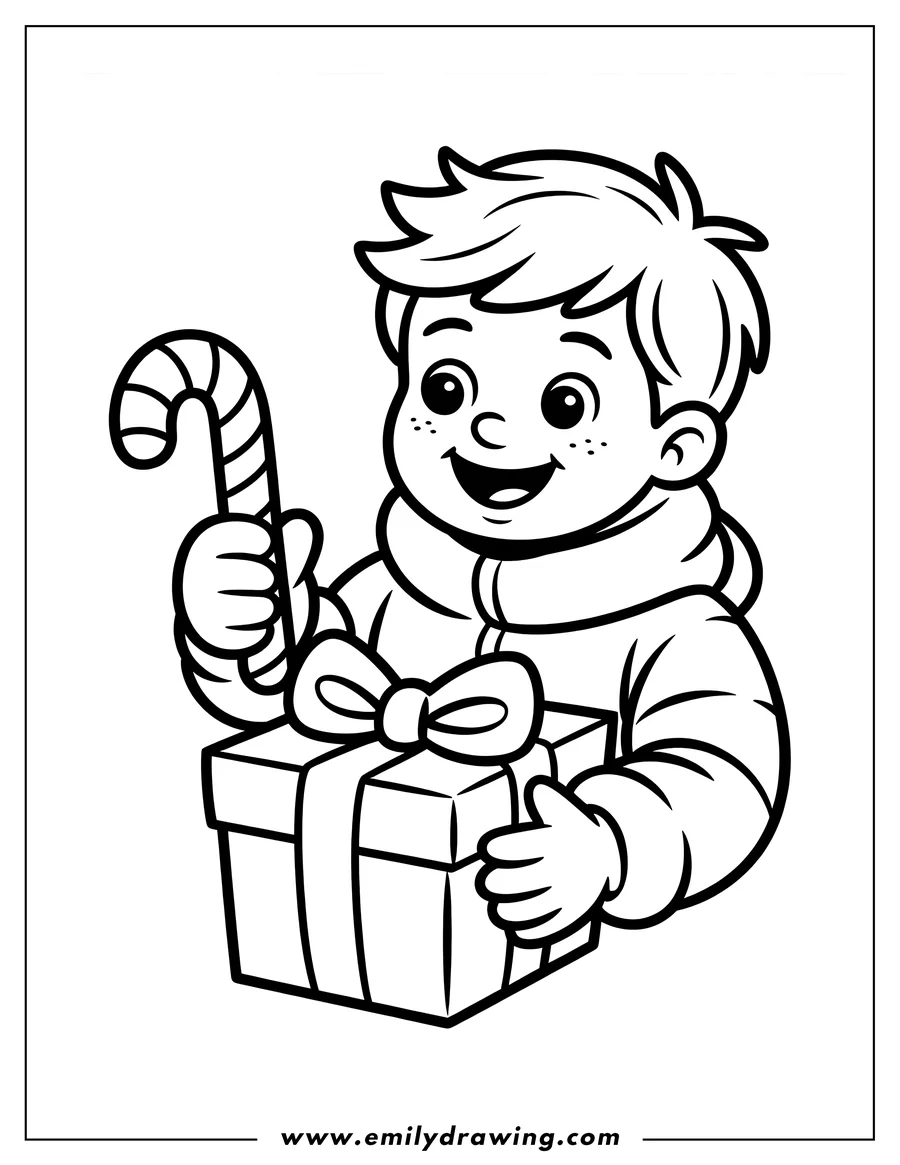 Outline of a boy holding a candy cane and a wrapped present with a bow.