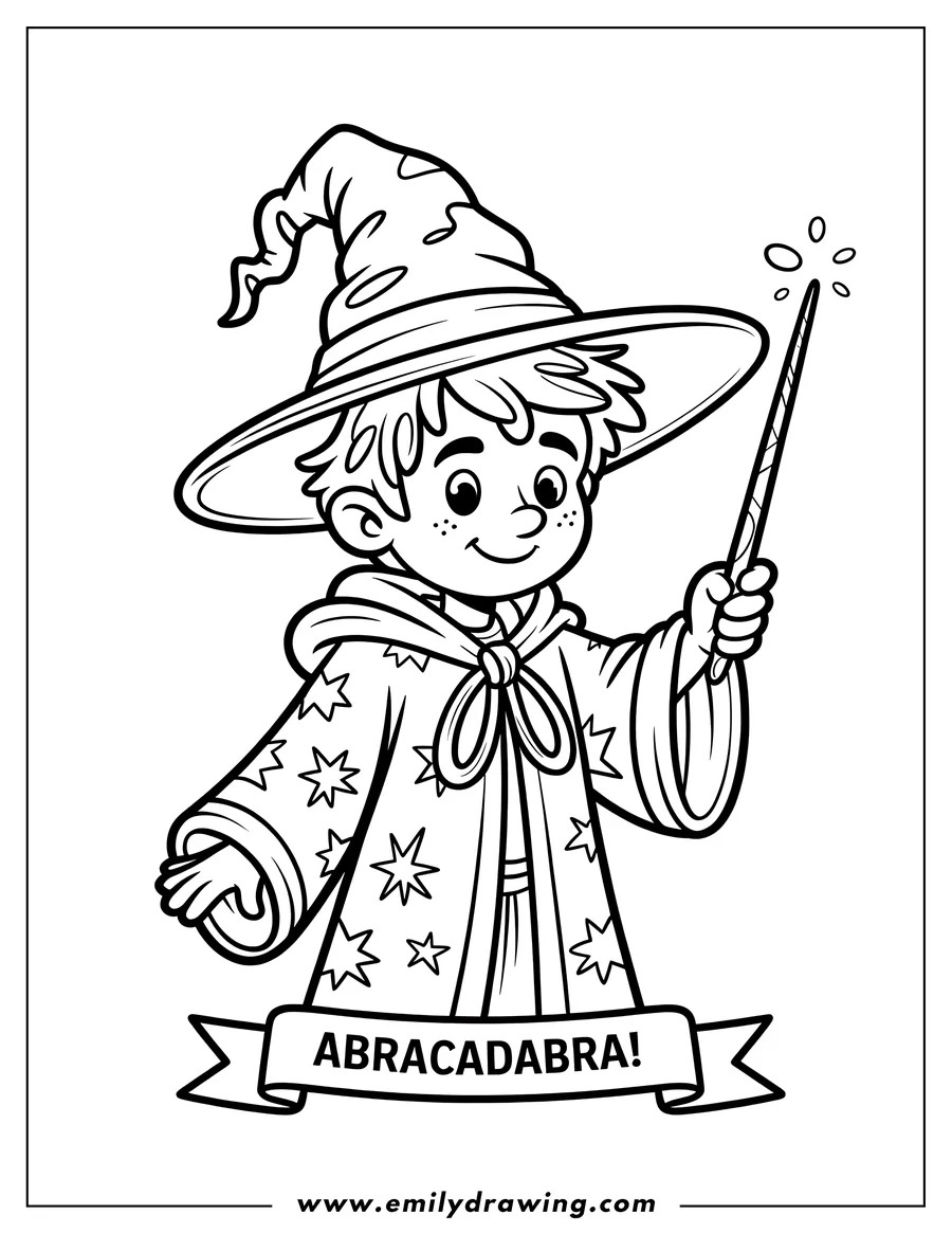 Line art of a smiling boy dressed as a wizard, wearing a star-patterned robe and a wide-brimmed hat. He holds a magic wand that is sparking, above a banner that reads