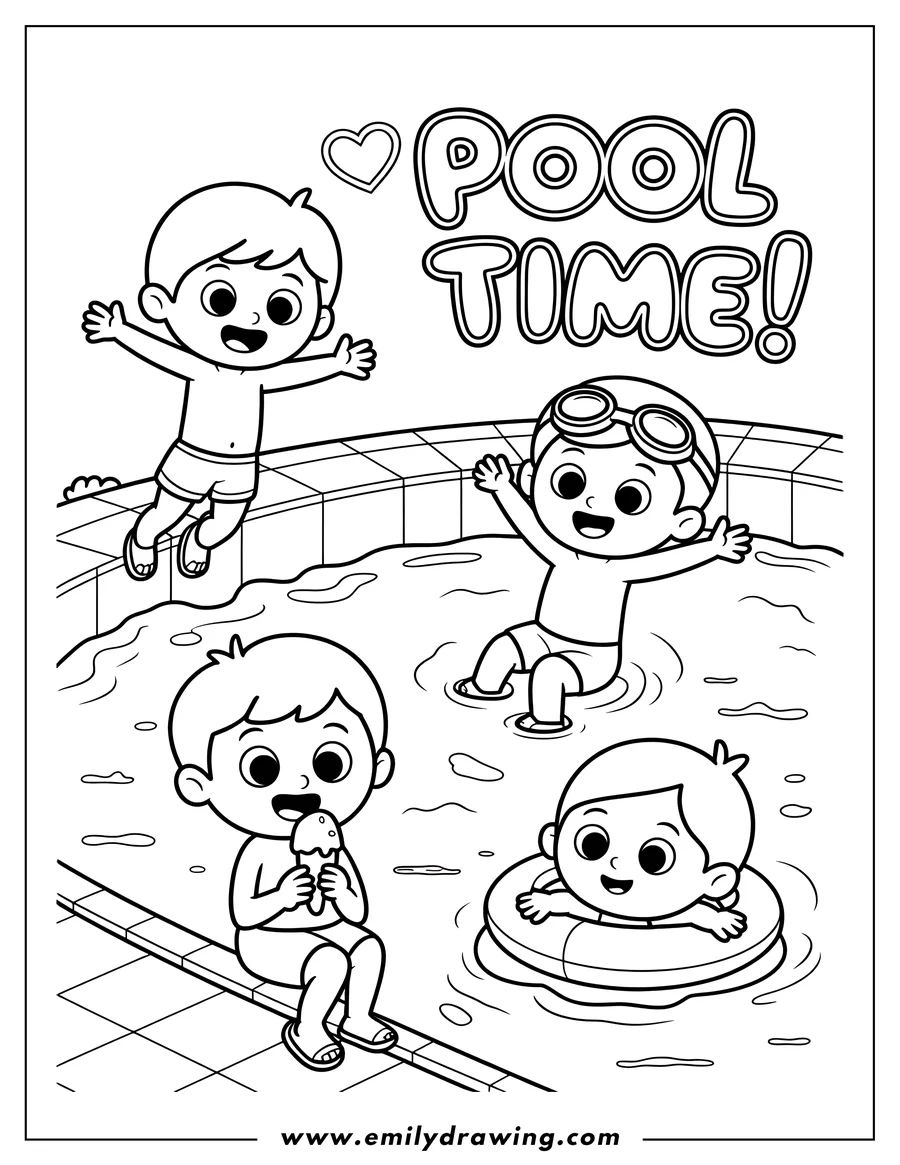 Line art of four boys playing happily in and around a swimming pool, with one jumping in, another in goggles, one floating on a ring, and one eating ice cream by the edge. The text 'POOL TIME!' is at the top.