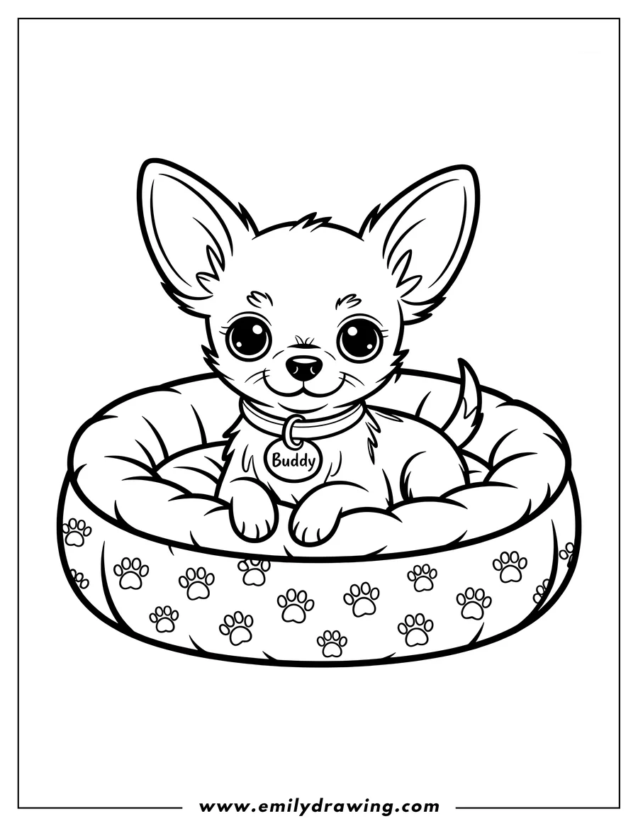 Line art of Buddy the Chihuahua relaxing in his paw-print bed. He's wearing a collar with a tag.