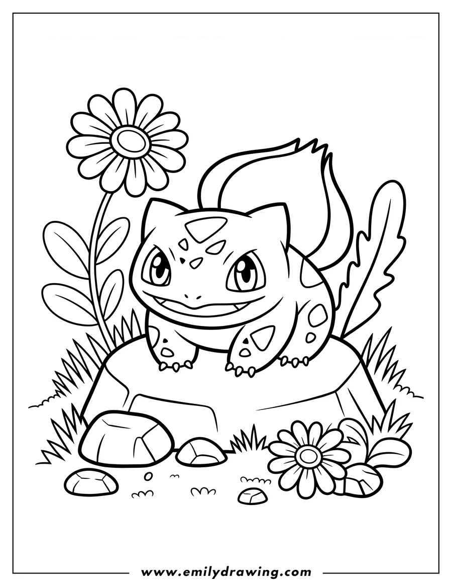 Outline of Bulbasaur sitting on a rock with flowers and grass around him