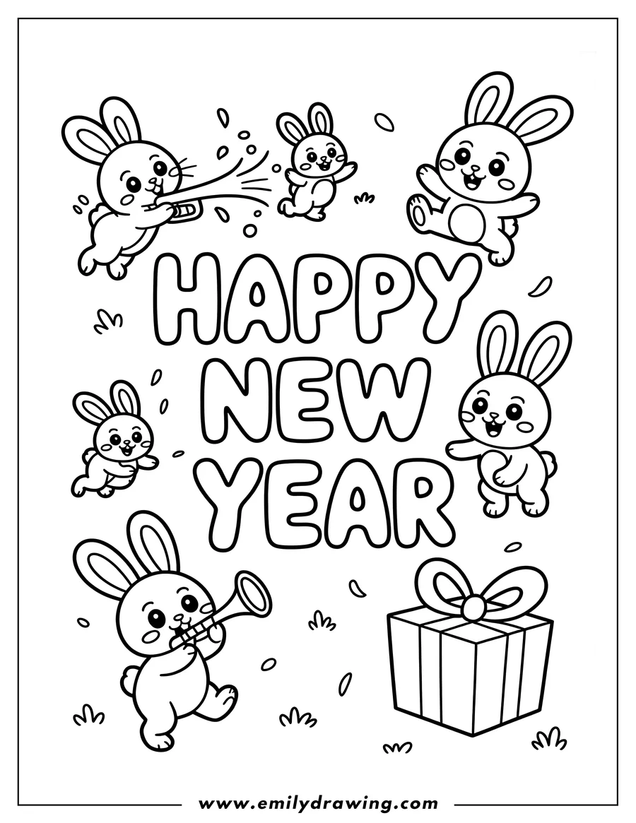 Outline of several cheerful bunnies celebrating New Year. One bunny is blowing a party horn, another shoots confetti, and a gift box is shown, with the words 'HAPPY NEW YEAR' prominently displayed.