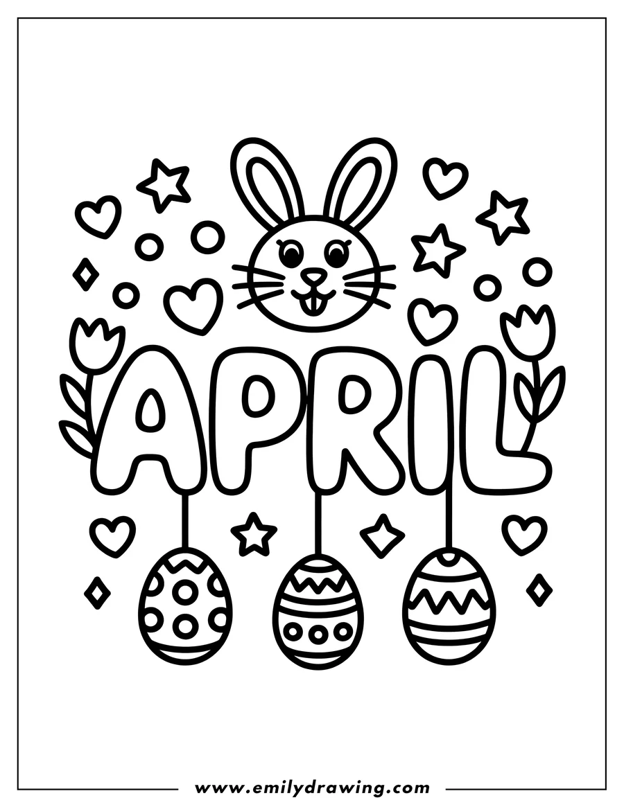 Outline of a bunny face above the word April, with three decorated eggs hanging from the letters.