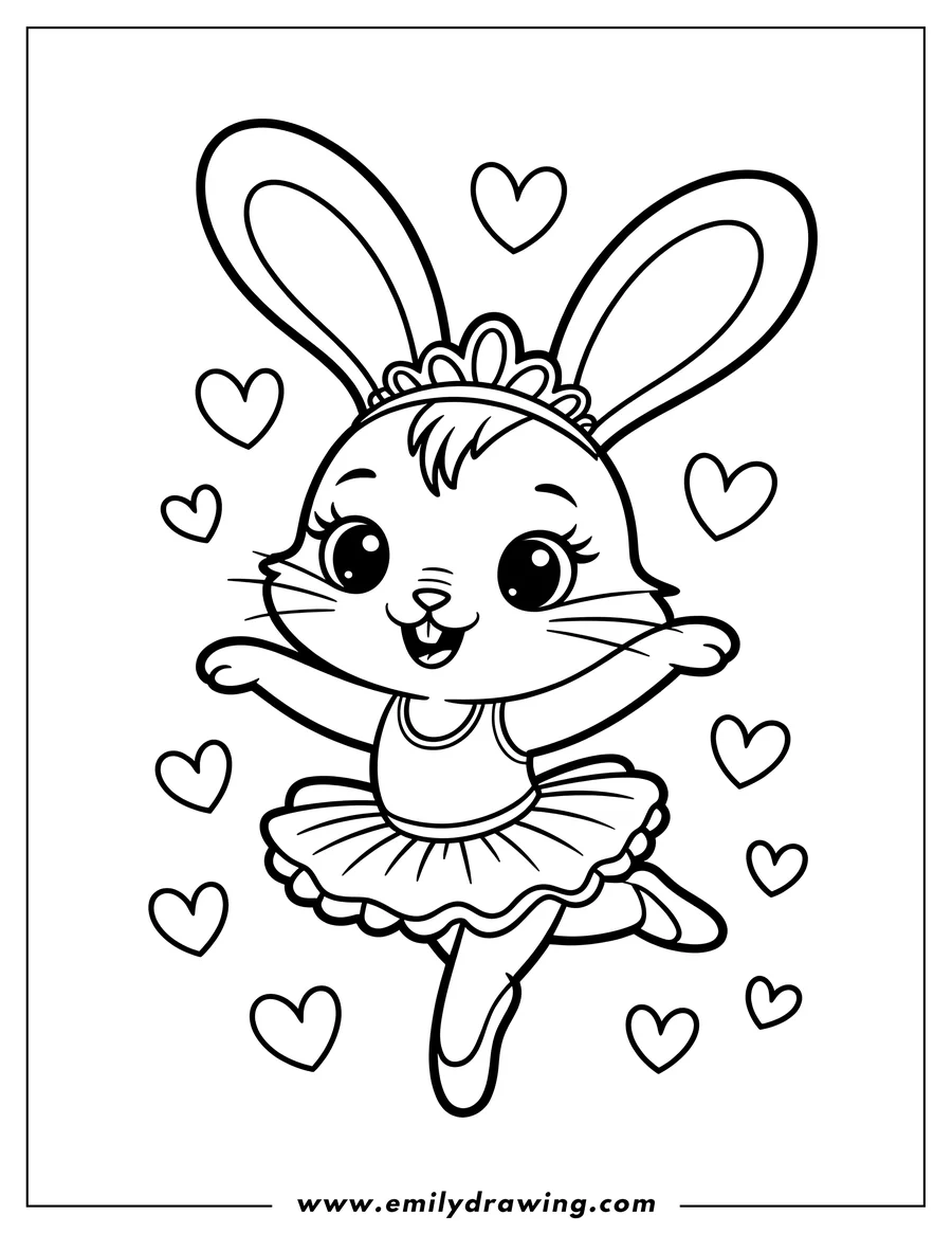 Outline of a cheerful bunny wearing a tutu and ballet slippers, dancing gracefully amidst floating hearts.