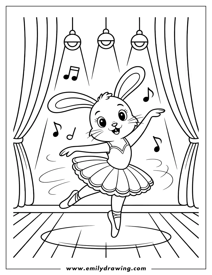 Outline of a bunny ballerina dancing on stage. She's wearing a tutu and ballet slippers, and music notes float around her. Stage lights and curtains are visible in the background.
