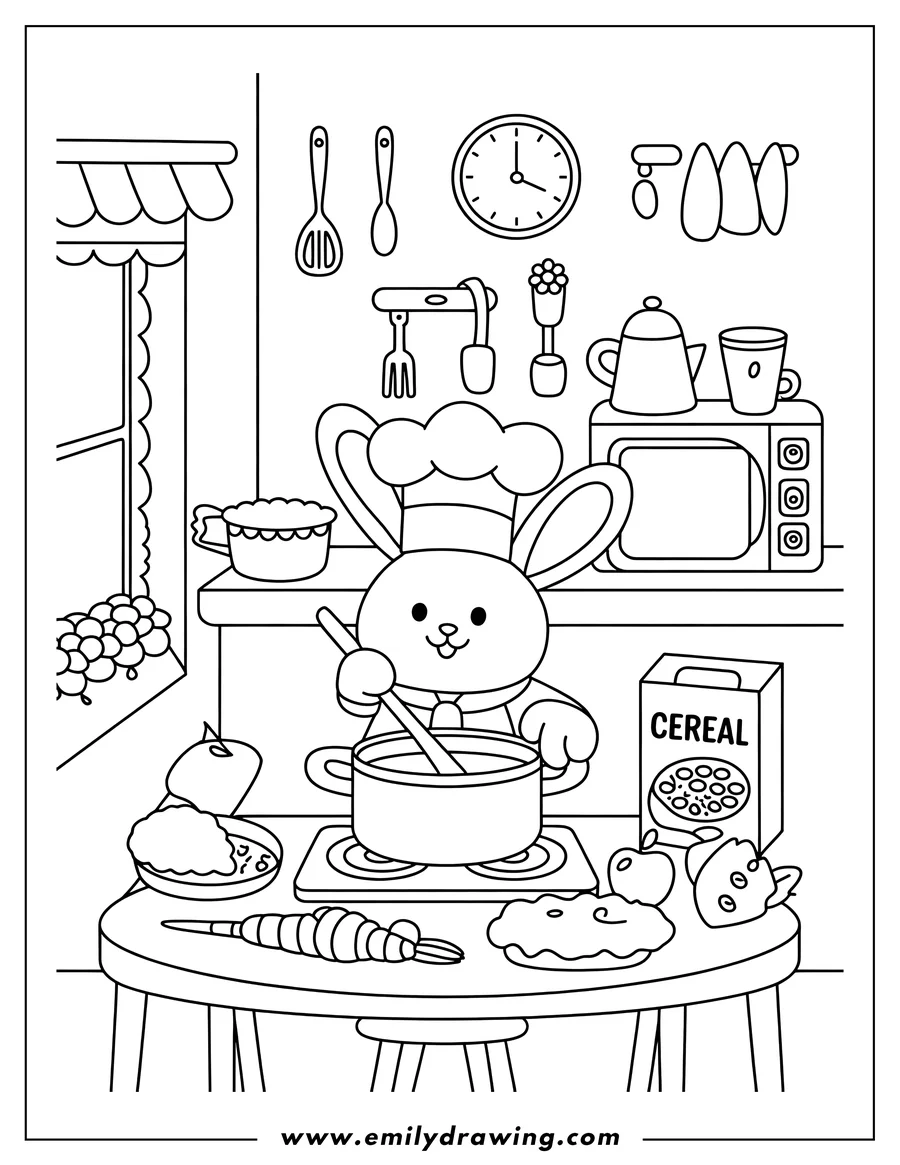 Line art outline of a rabbit chef stirring a pot on a stovetop in a detailed kitchen setting, with a microwave, utensils, and a table featuring food like a pie and a croissant.