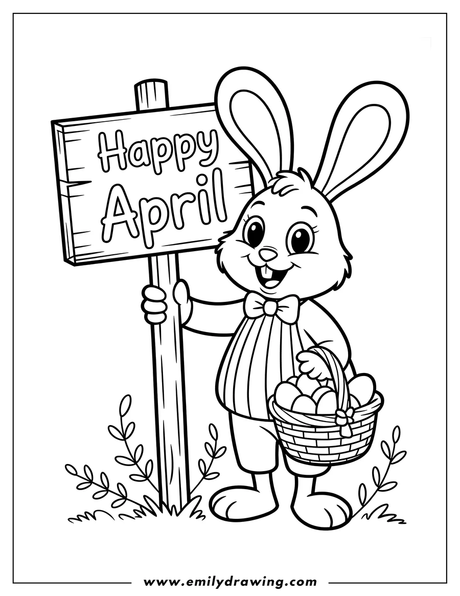 Outline of a bunny holding a Happy April sign and an Easter basket filled with eggs.