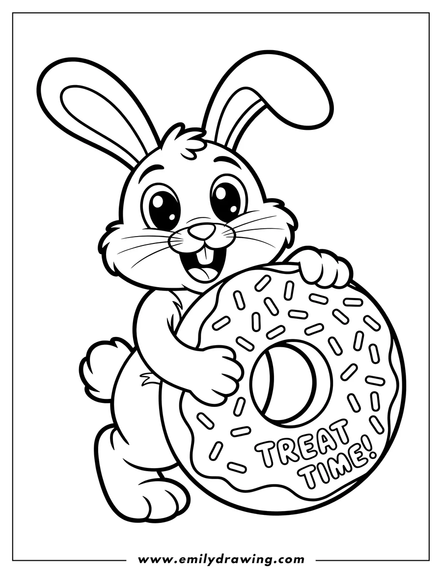 Line art of a bunny holding a large donut with the words 'Treat Time!' written on it.