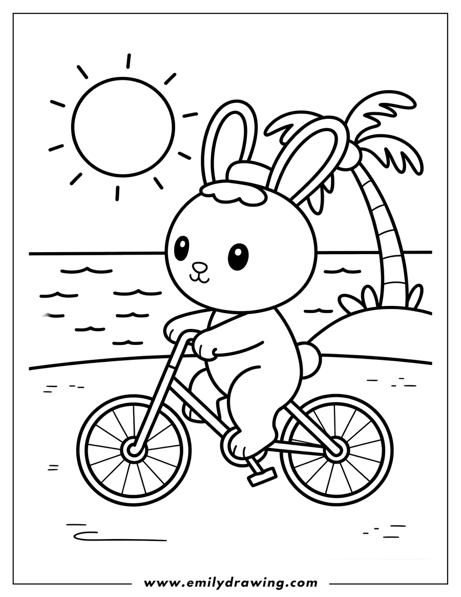 Outline of a cute bunny riding a bicycle along the ocean, with a bright sun in the sky and a palm tree on a small island.