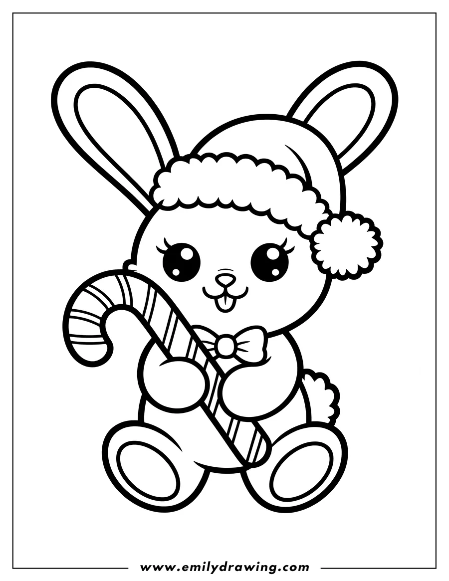 Outline of a bunny wearing a Santa hat and holding a candy cane.