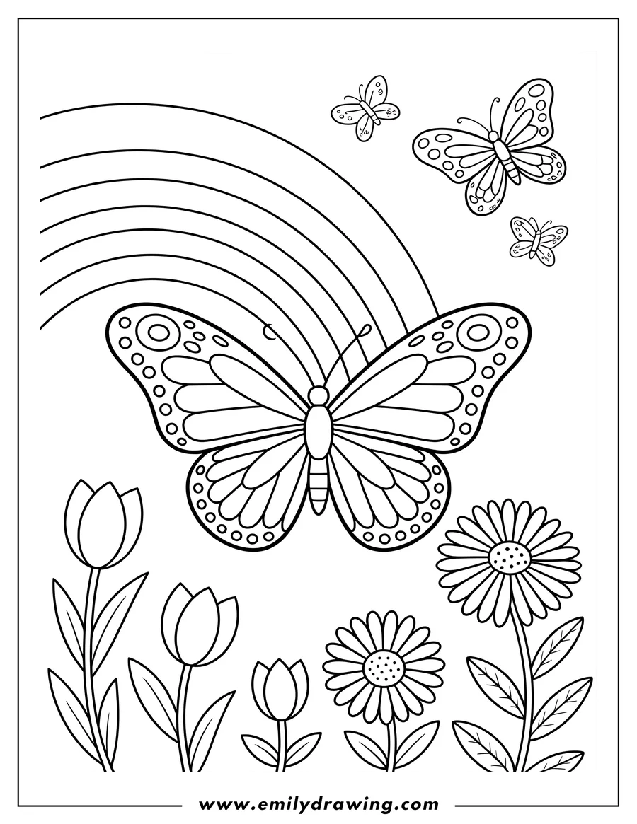 Outline of a large butterfly with a rainbow arching over its wings, surrounded by smaller flying butterflies and various flowers like tulips and daisies.