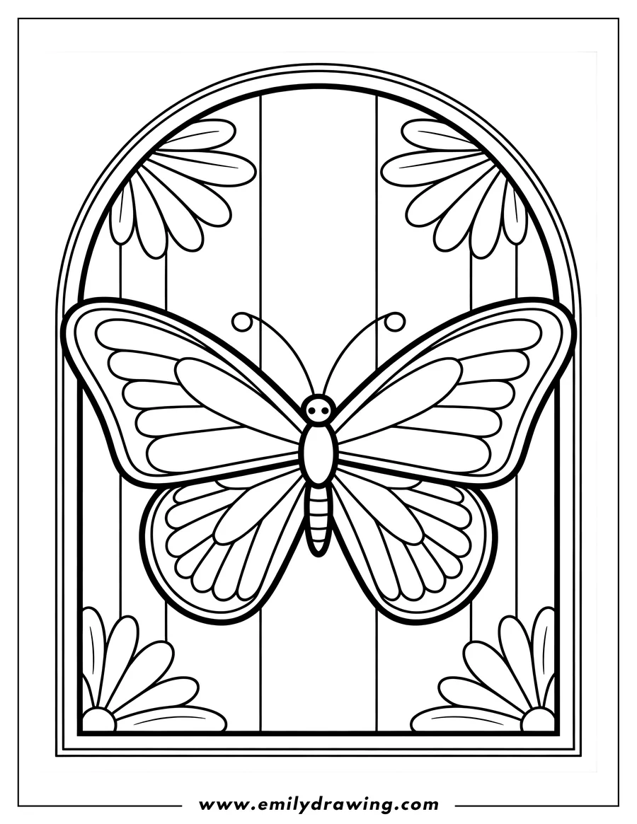 Line art of a butterfly in a stained glass window frame, decorated with simple flower motifs in each corner.