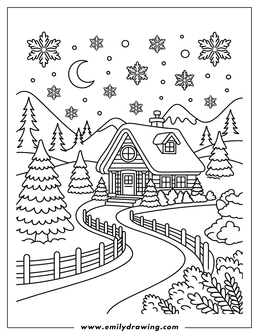 Line art of a cozy cabin surrounded by snow-covered pine trees and mountains, with large snowflakes and a crescent moon in the night sky.