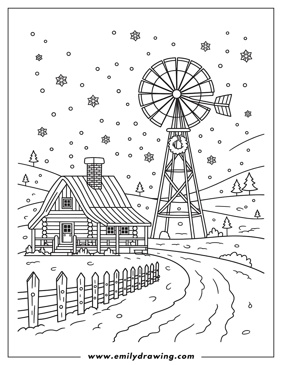 Line art of a rustic cabin and a windmill in a snowy landscape with falling snowflakes. A small wooden fence and a path lead toward the structures.