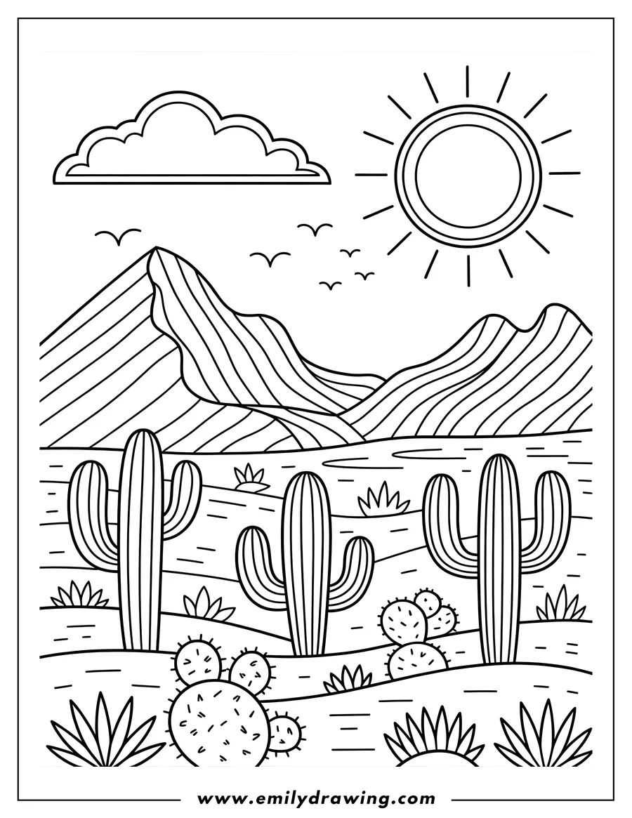 Line art illustration of a desert landscape featuring tall Saguaro cacti and prickly pear plants in the foreground, rolling mountains, a cloud, and a bright sun in the sky.