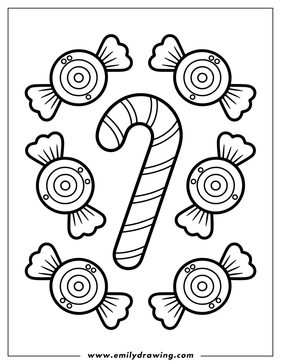 Outline of a candy cane surrounded by wrapped hard candies.