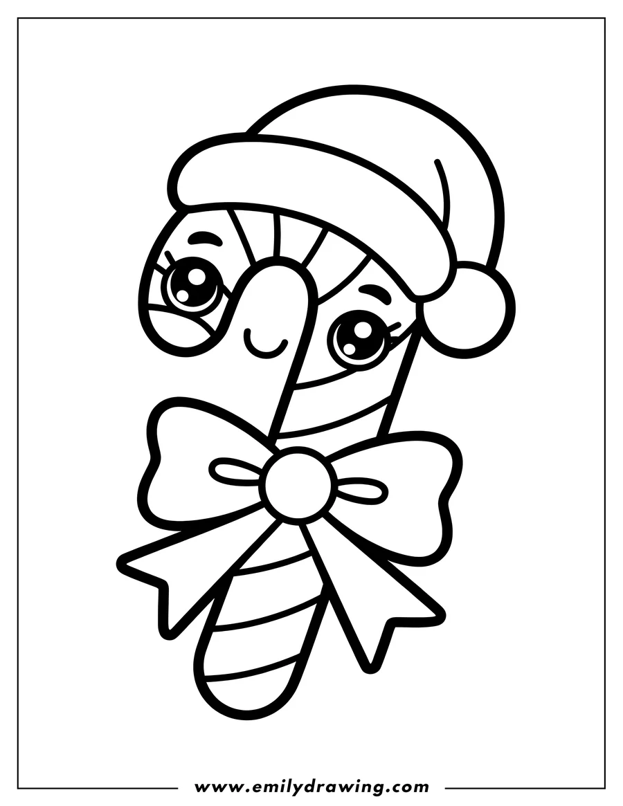 Outline of a candy cane wearing a Santa hat and a bow.