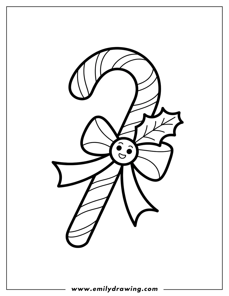 Line art of a candy cane with a bow and holly leaf. The candy cane has a cute, smiling face.