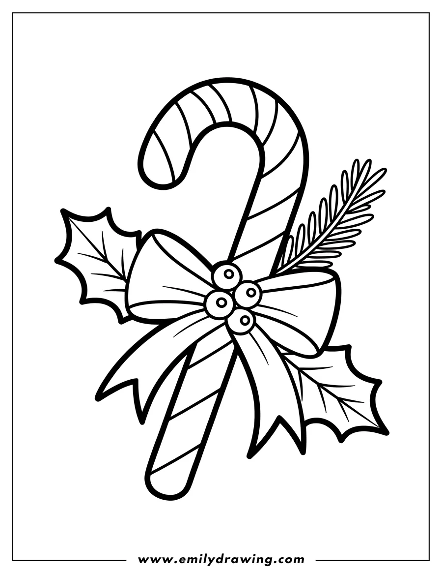 Line art of a candy cane decorated with a bow, holly leaves, and berries.