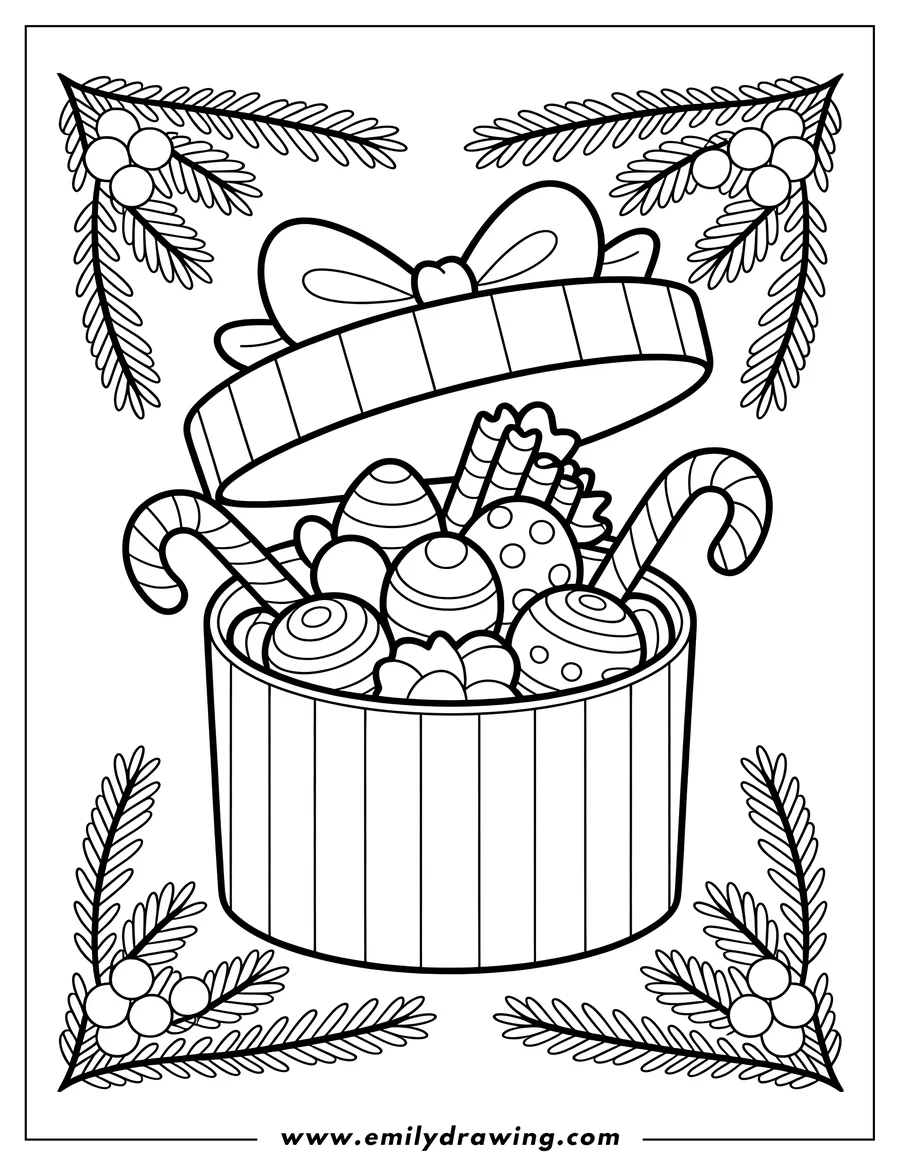 Line art of a gift box filled with various candies, including candy canes, lollipops, and round sweets. The box is decorated with a bow and surrounded by fir branches and berries.