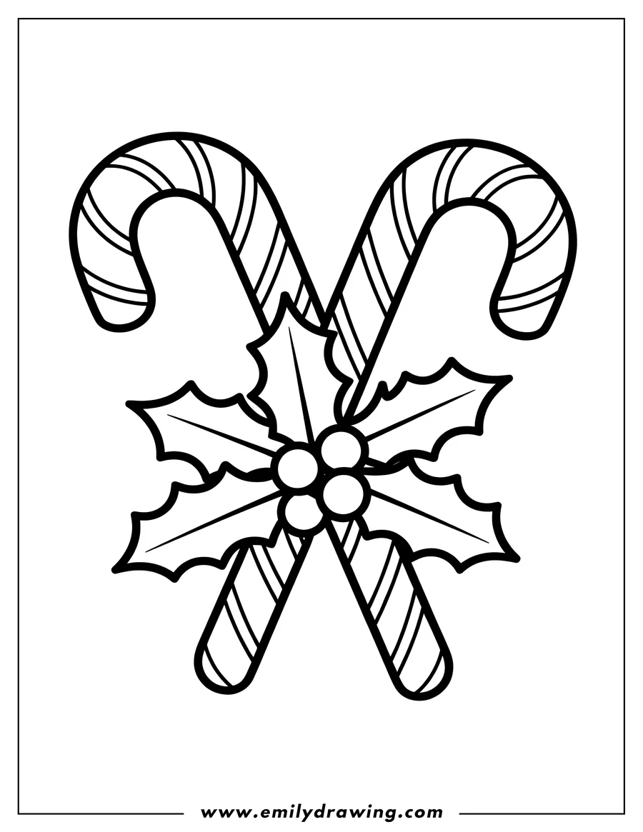 Outline of two candy canes crossed with holly leaves and berries in the center.