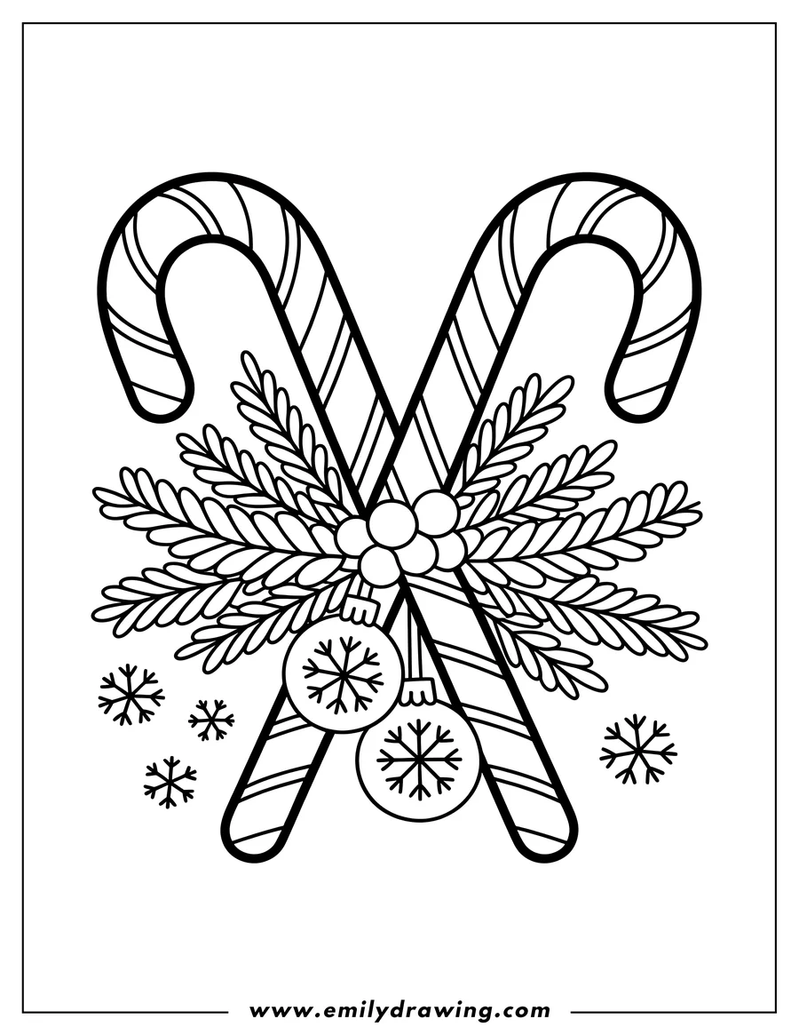 Line art of two candy canes with ornaments and snowflakes. Perfect for a festive coloring activity.