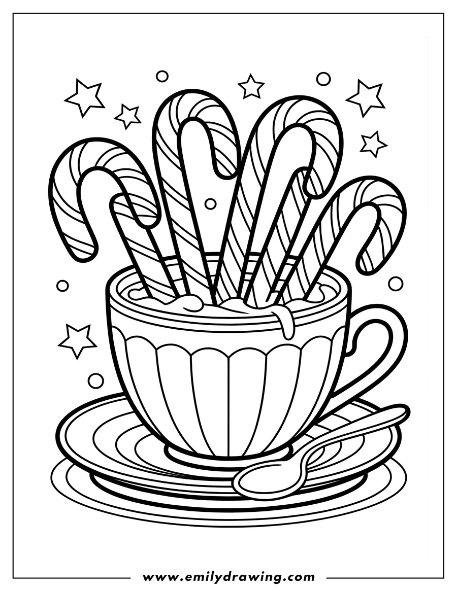 Line art of candy canes in a cup with a spoon on a saucer. Stars and circles decorate the background.
