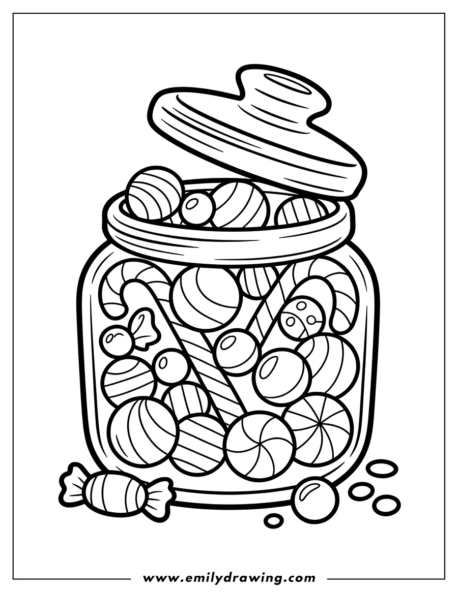 Line art of a candy jar filled with various candies and candy canes.