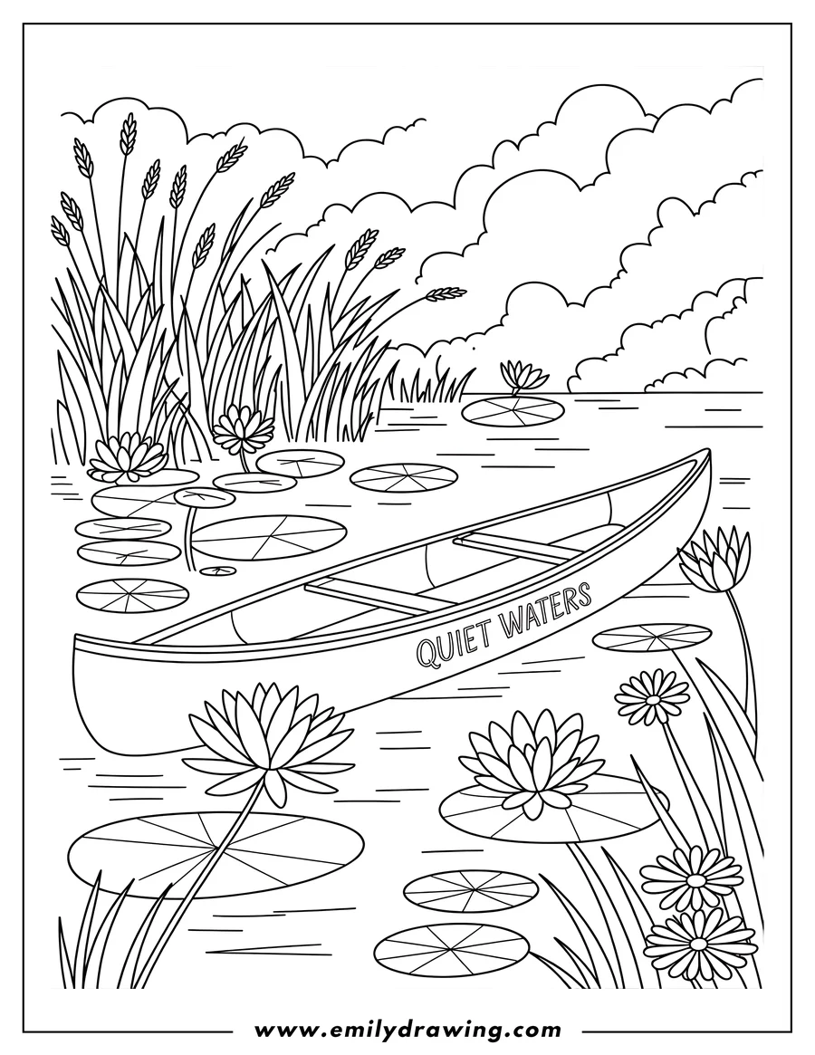 Outline of a canoe floating on calm water among water lilies, reeds, and other aquatic plants. The words 