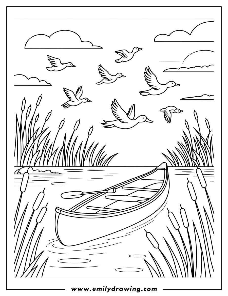 Outline of a canoe on a lake with ducks flying overhead and cattails growing along the shore.
