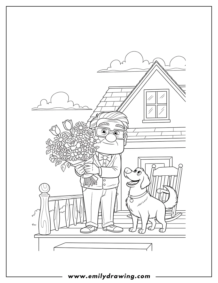 Line art of Carl Fredricksen from Up holding a large bouquet of flowers, standing next to his dog Dug on a porch in front of a house.