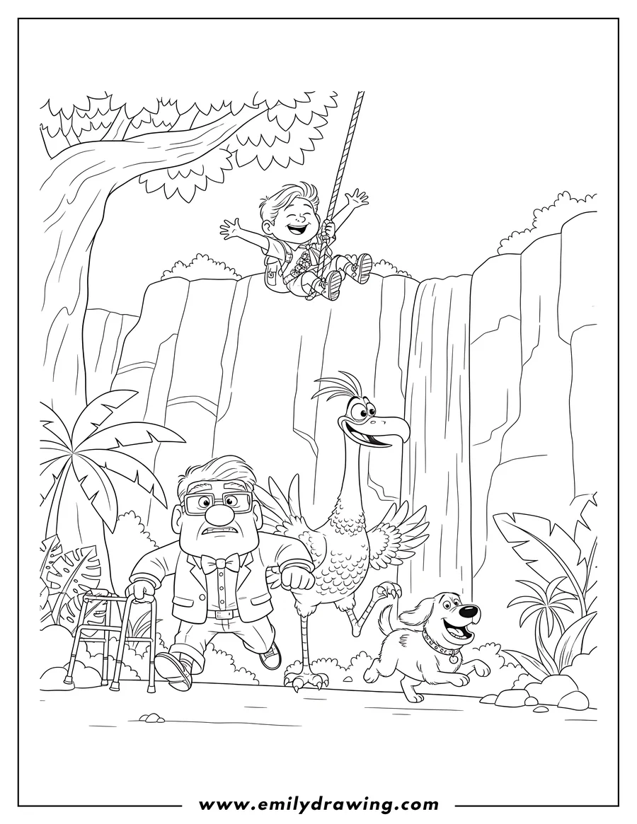 Line art of Carl, Russell, Kevin, and Dug from Up in a jungle setting. Russell swings on a rope, Carl runs with his walker, Kevin the bird walks, and Dug the dog bounds happily.