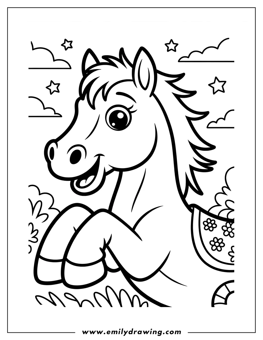 Line art of a cartoon horse rearing up, smiling, and wearing a saddle blanket decorated with flowers. The background includes grass, clouds, and stars.