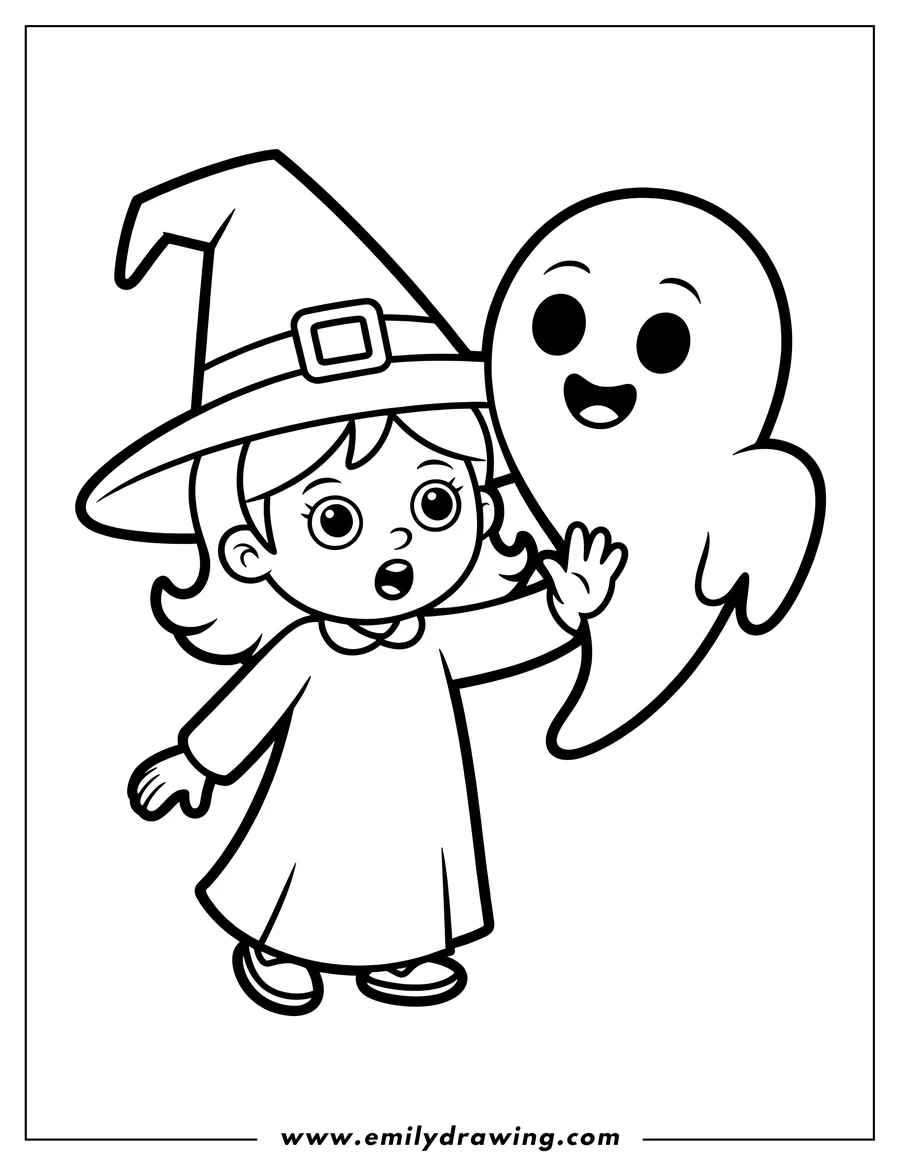 Outline of a cartoon child wearing a witch costume and a pointed hat, standing beside a large, friendly smiling ghost.
