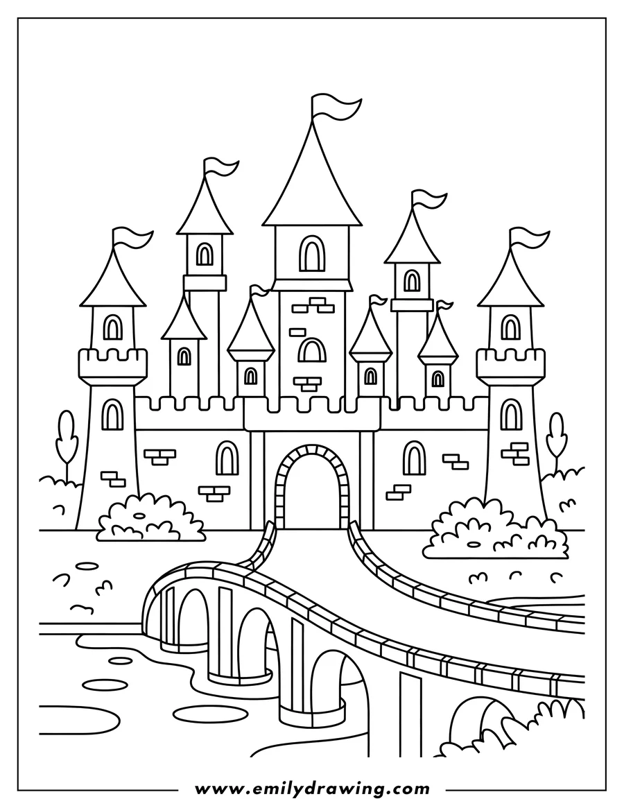 Outline of a grand castle with multiple towers and flags, featuring an arch bridge leading to its main entrance over a body of water.