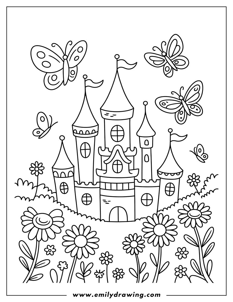 Line art of a magical castle with many towers and flags, surrounded by flying butterflies and a field of various flowers.