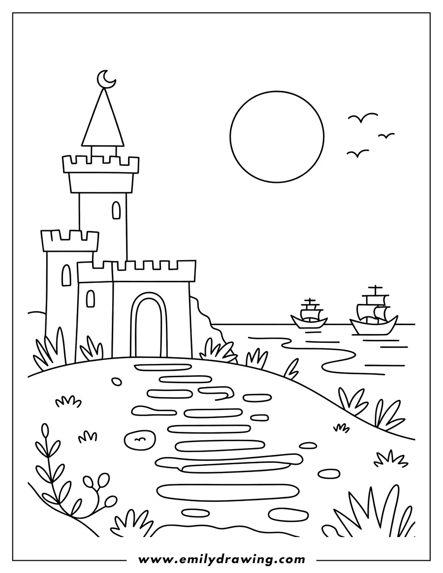 Outline of a grand castle with towers and battlements, situated on a hill beside the sea. Two sailing ships are in the water, and a large circle (sun or moon) is in the sky, with birds flying nearby.