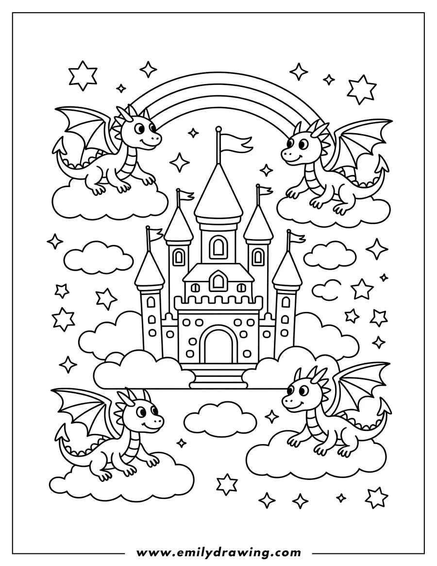 Line art of a fairytale castle with four cute dragons sitting on clouds, a rainbow arching over the castle, and many stars scattered around.