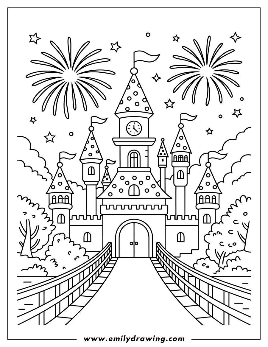 Line art of a grand castle with multiple towers, flags, and a clock tower, surrounded by trees and bushes. A long bridge leads to its main gate, and fireworks explode in the night sky with twinkling stars.