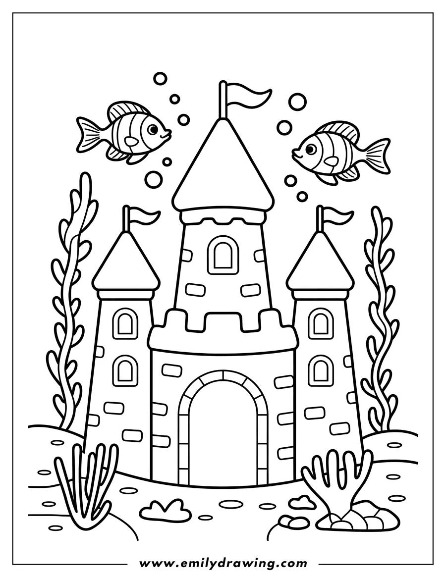 Line art of an elaborate underwater castle with three towers, flags, and an arched entrance. Two fish swim above it, surrounded by bubbles and seaweed.