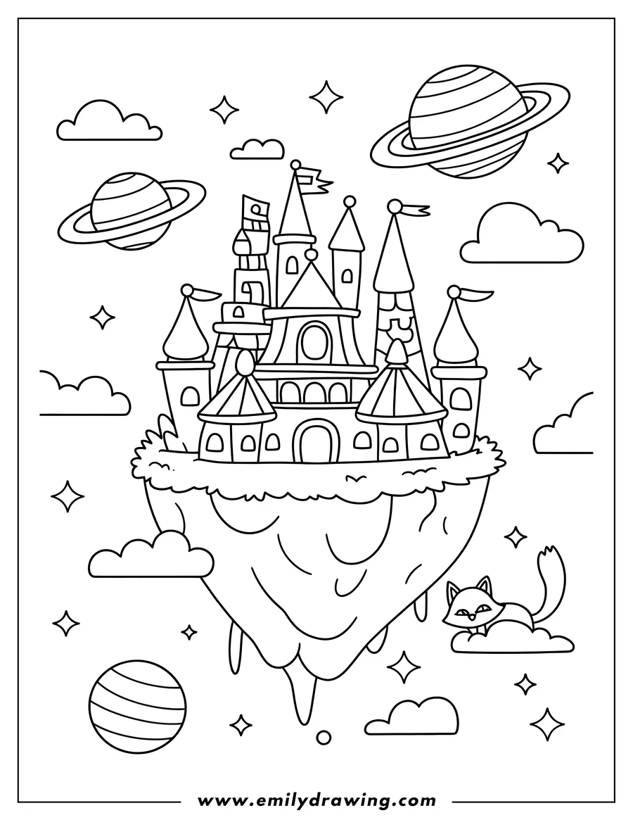 Line art of a magical castle with many towers and flags, perched on a whimsical floating island, surrounded by planets, stars, and clouds. A small fox rests on a cloud below the island.