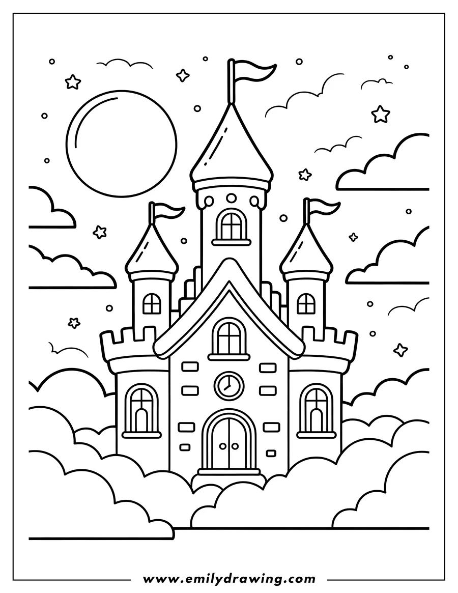 Line art of a magical castle with tall turrets and flags, surrounded by fluffy clouds, with a large full moon and twinkling stars in the sky.