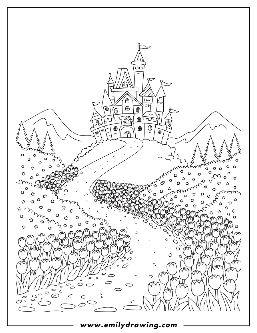 Line art of a large, whimsical castle with turrets and flags, sitting on a hill. A winding path leads up to the castle, bordered by fields of tulips and small bushes. Mountains and evergreen trees are in the background.