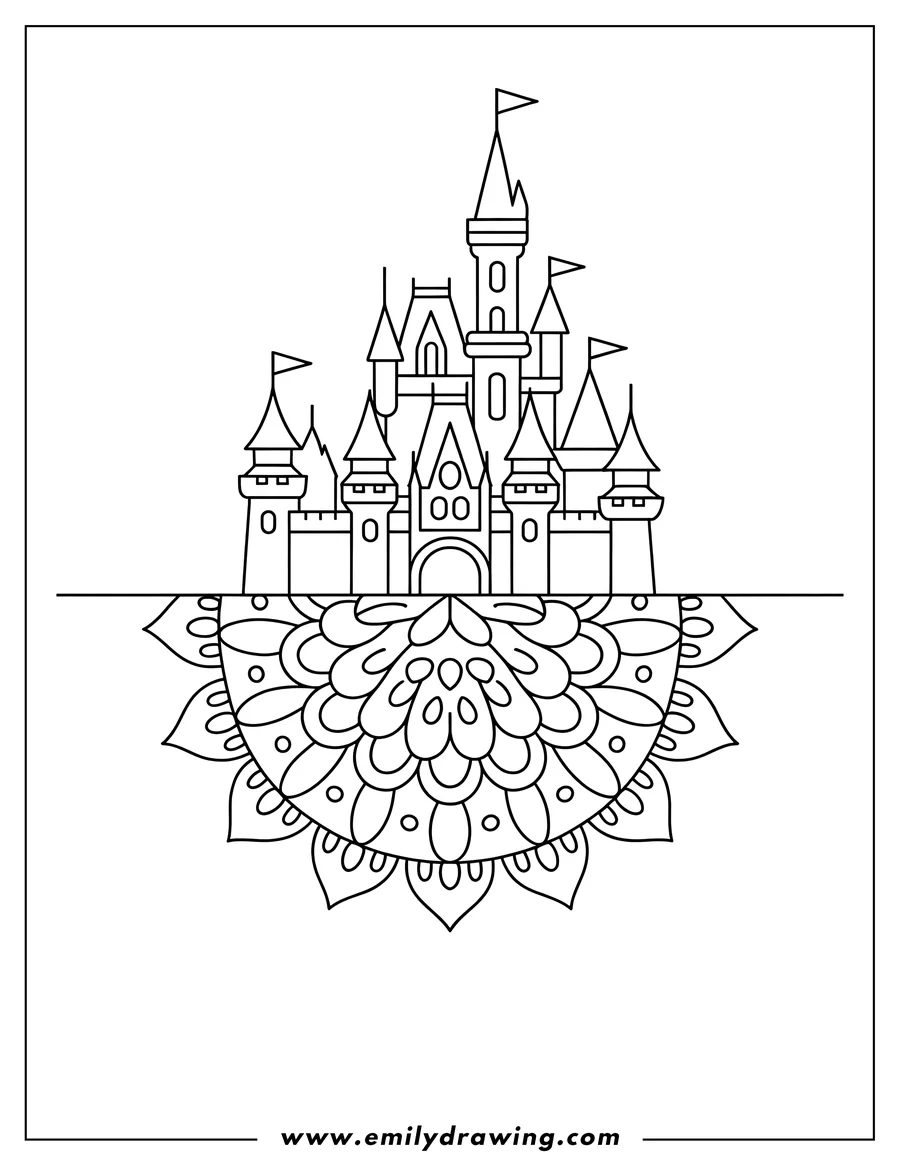 Line art of a fairytale castle with multiple towers and flags, positioned above a detailed semicircular mandala pattern.