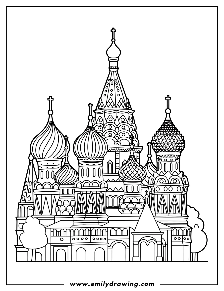 Detailed line art of a castle with multiple ornate domes and spires, each topped with a cross, and small trees at the base.