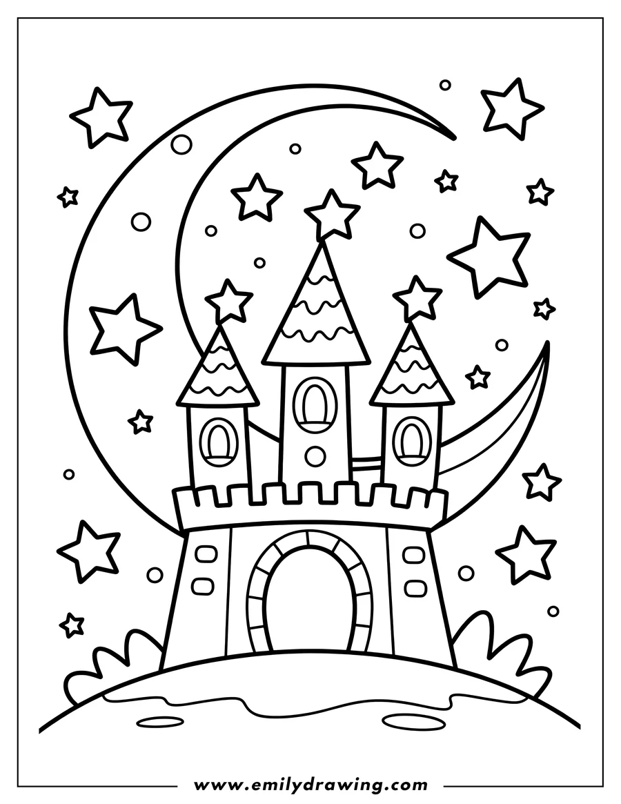 Outline of a whimsical castle with multiple towers, an arched entrance, set against a large crescent moon and many stars.