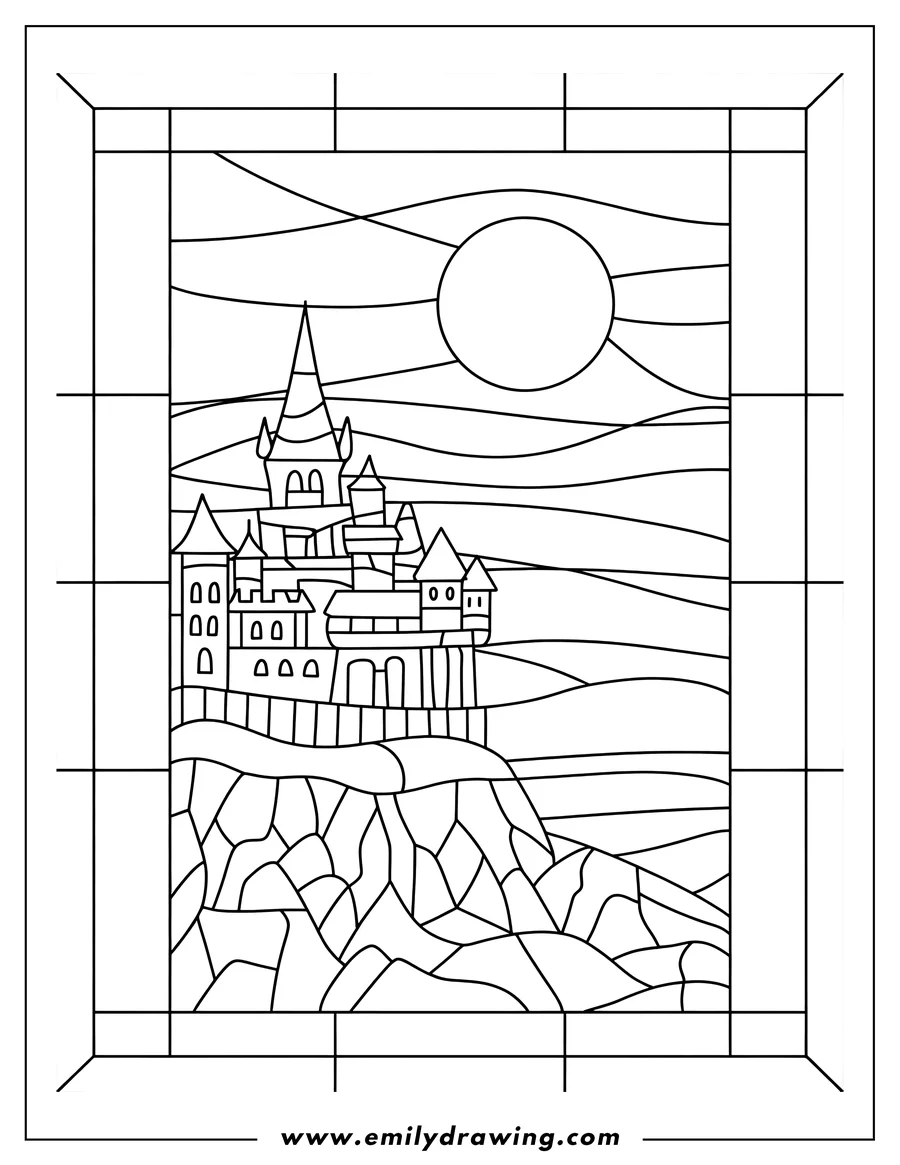 Line art of a castle perched on a cliff, depicted in a stained glass style with a large circle representing the moon or sun in the sky.