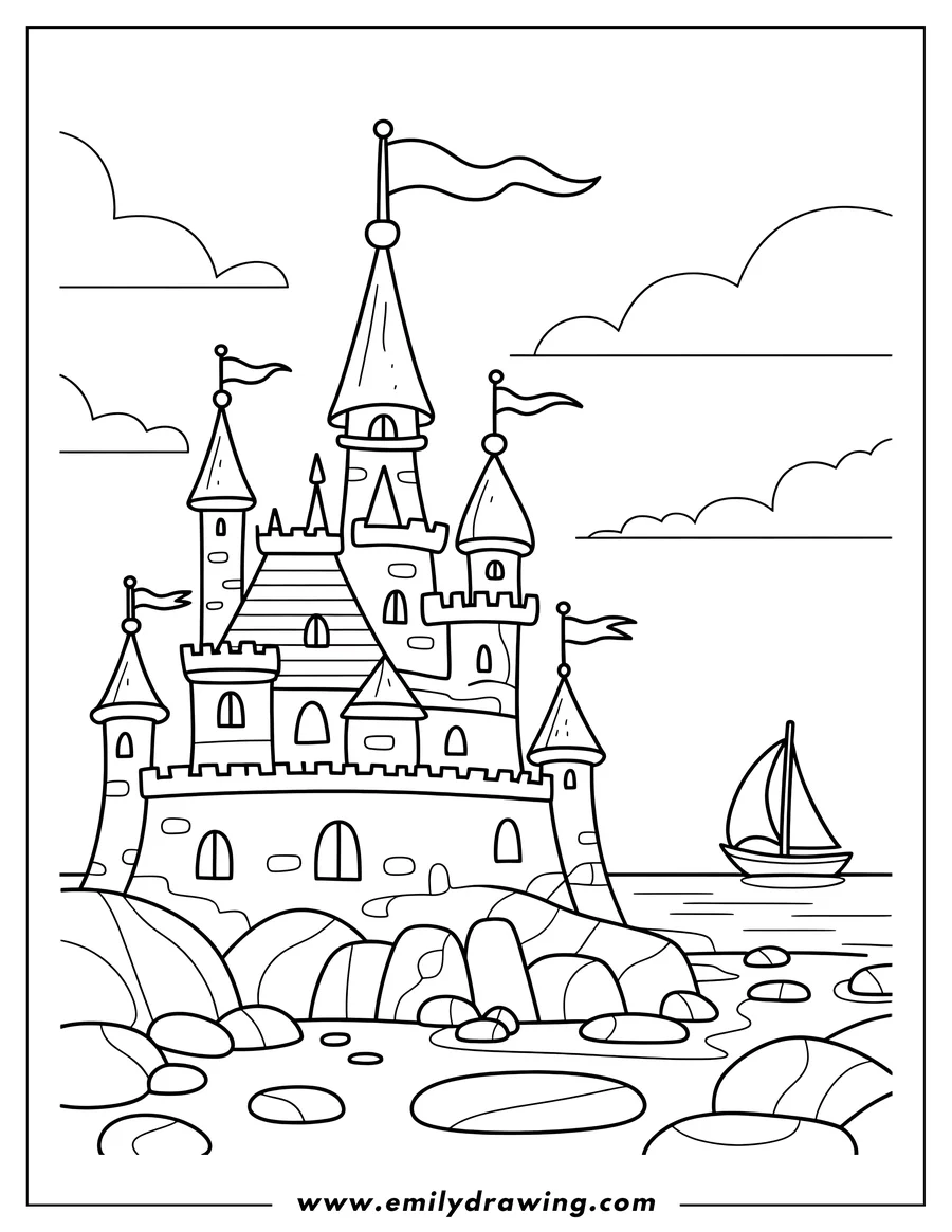 Line art of a grand castle with multiple turrets and flags, situated on a rocky shore next to the ocean, with a sailboat on the water and clouds in the sky.